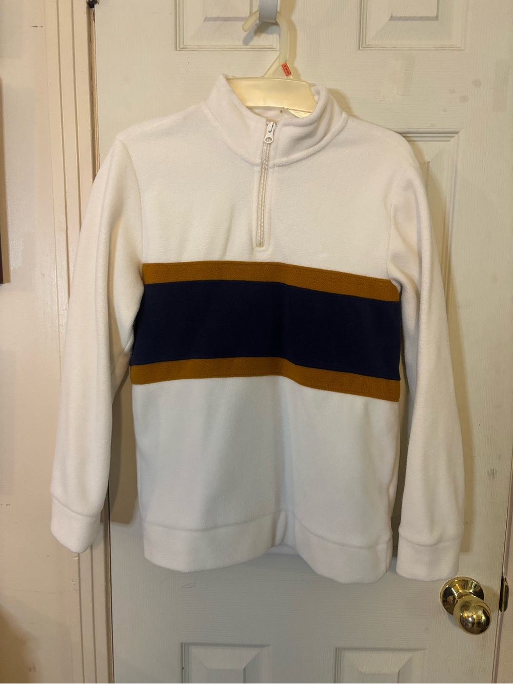 Old Navy White Quarter-Zip Pullover with Navy and Mustard Stripes